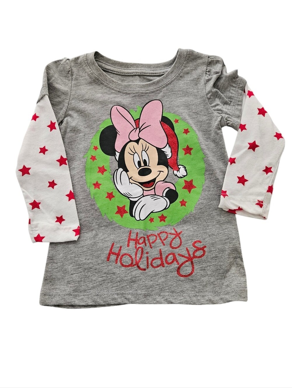 Disney Grey, White & Red Minnie Mouse Happy Holiday Long Sleeve Top Size:2T NWOT